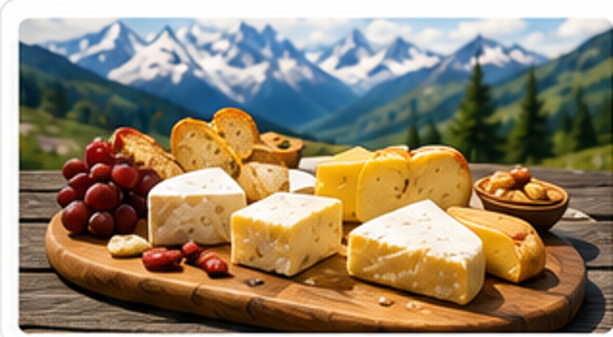 French cheese board picnic with mountain scenery